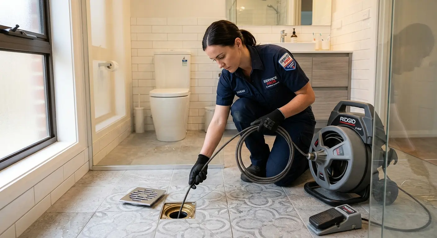 Technician clearing a bathroom floor drain for Sewer Line Installation in Bordentown